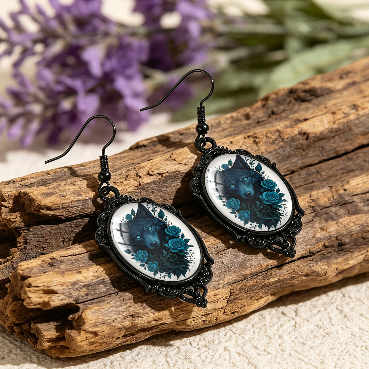 Unisex Dark Wolf Blue Rose Floral Printed Oval Earrings